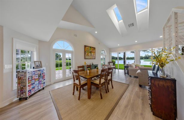 Dining room, Interior, Living room, Recessed Lighting, Water, Wood Texture Flooring