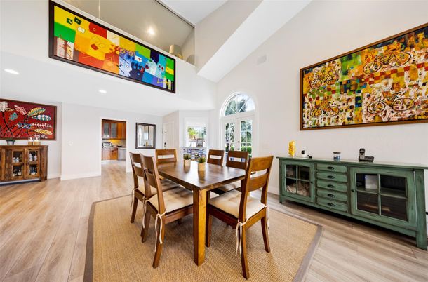 Dining room, Interior, Recessed Lighting, Wood Texture Flooring