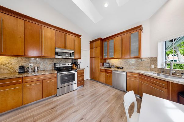 Interior, Kitchen, Recessed Lighting, Stainless Steel Appliances, Wood Texture Flooring