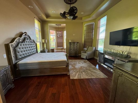 Bedroom, Interior, Recessed Lighting, Wood Texture Flooring