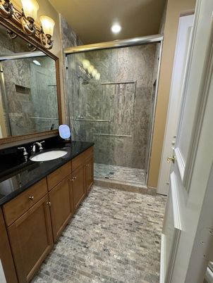Bathroom, Dual Sink Vanities, Glass Shower, Interior, Recessed Lighting