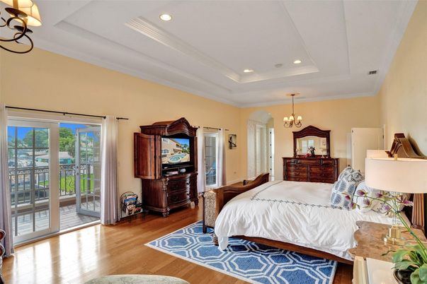 Bedroom, Chandelier, Interior, Recessed Lighting, Wood Texture Flooring