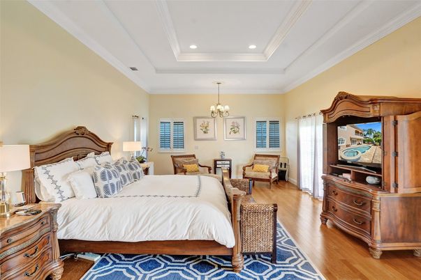 Bedroom, Chandelier, Interior, Recessed Lighting, Wood Texture Flooring