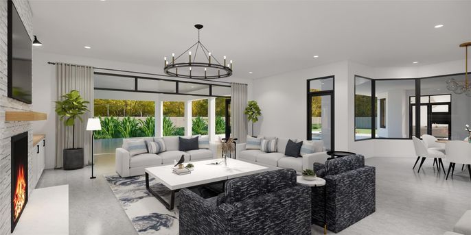 Chandelier, Dining room, Fireplace, Interior, Living room, Recessed Lighting