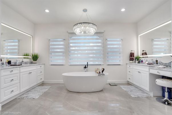Bathroom, Chandelier, Dual Sink Vanities, Free Standing Baths, Interior, Pendant Lights, Recessed Lighting