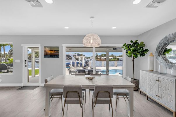 Dining room, Interior, Pendant Lights, Recessed Lighting, Water, Wood Texture Flooring