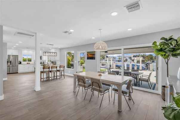 Dining room, Interior, Kitchen, Pendant Lights, Recessed Lighting, Stainless Steel Appliances, Wood Texture Flooring