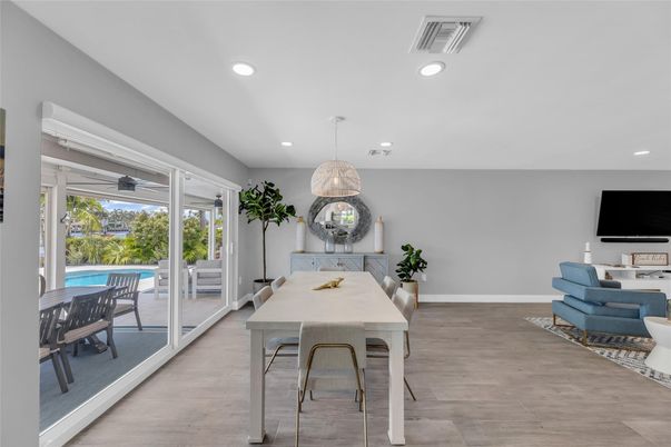 Dining room, Interior, Recessed Lighting, Wood Texture Flooring