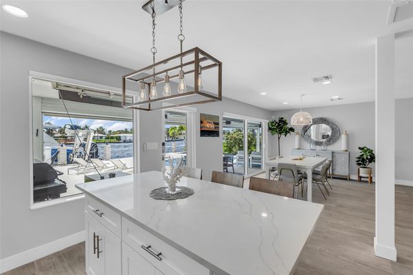 Dining room, Interior, Kitchen, Pendant Lights, Recessed Lighting, Water, Wood Texture Flooring