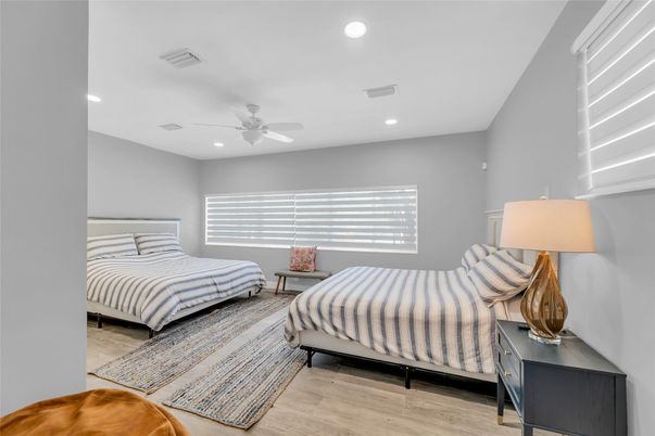 Bedroom, Interior, Recessed Lighting, Wood Texture Flooring