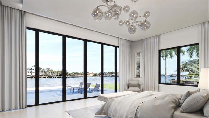Bedroom, Interior, Pendant Lights, Water