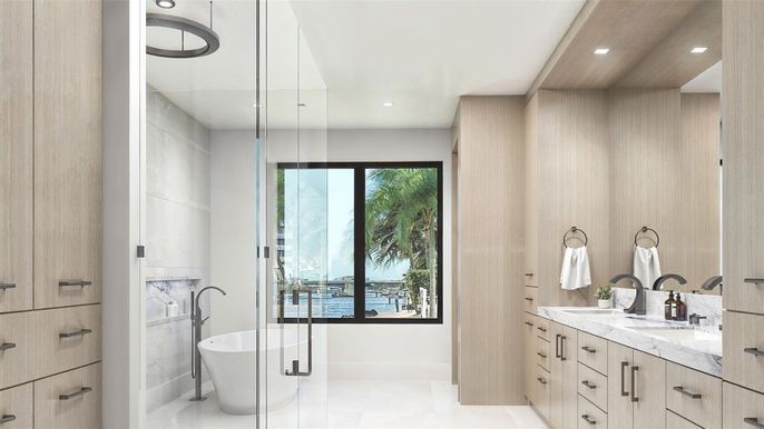 Bathroom, Dual Sink Vanities, Free Standing Baths, Interior, Recessed Lighting