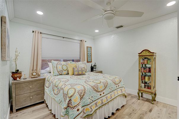Bedroom, Interior, Recessed Lighting, Wood Texture Flooring