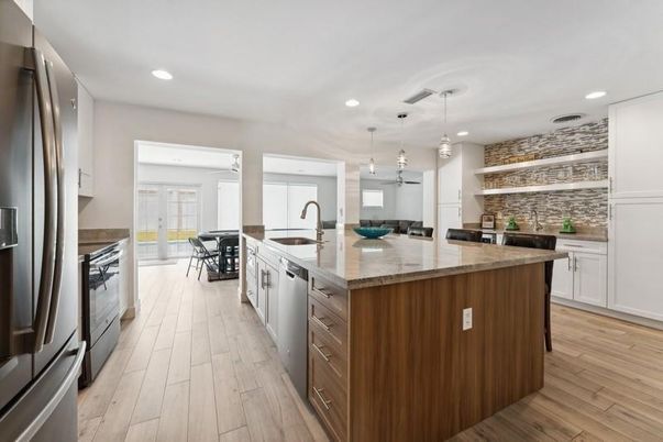 Interior, Kitchen, Pendant Lights, Recessed Lighting, Stainless Steel Appliances, Wood Texture Flooring