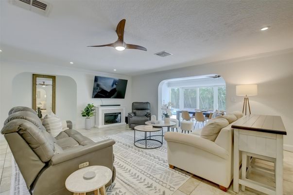 Dining room, Fireplace, Interior, Living room, Recessed Lighting