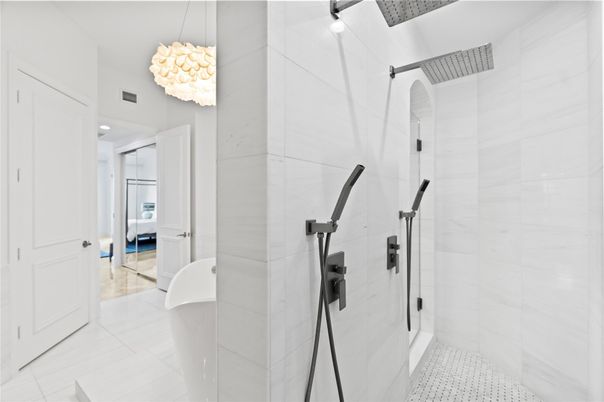 Bathroom, Free Standing Baths, Glass Shower, Interior, Marble Walls, Pendant Lights, Recessed Lighting