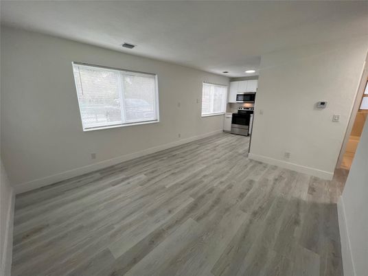 Empty room, Interior, Kitchen, Recessed Lighting, Wood Texture Flooring