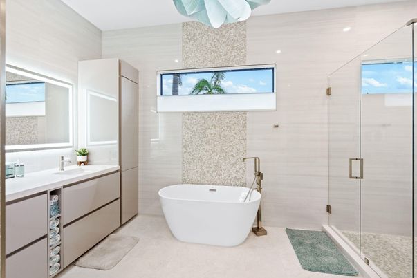 Bathroom, Free Standing Baths, Glass Shower, Interior, Recessed Lighting