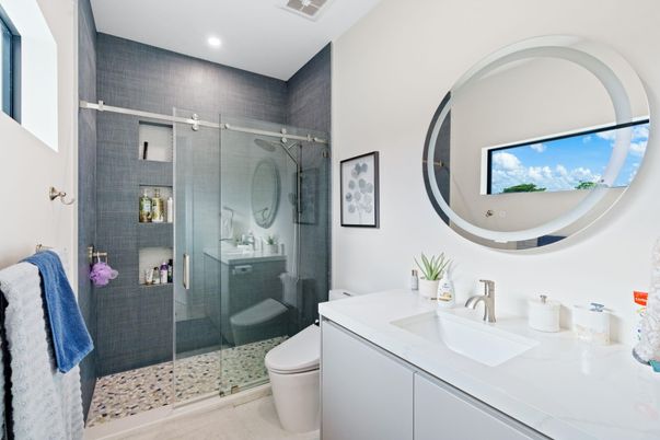 Bathroom, Glass Shower, Interior, Recessed Lighting