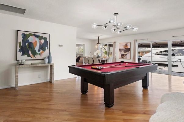 Billiard Table, Game Room, Interior, Pendant Lights, Wood Texture Flooring
