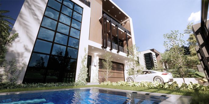 Backyard, Exterior, Facade, Pool, Modern