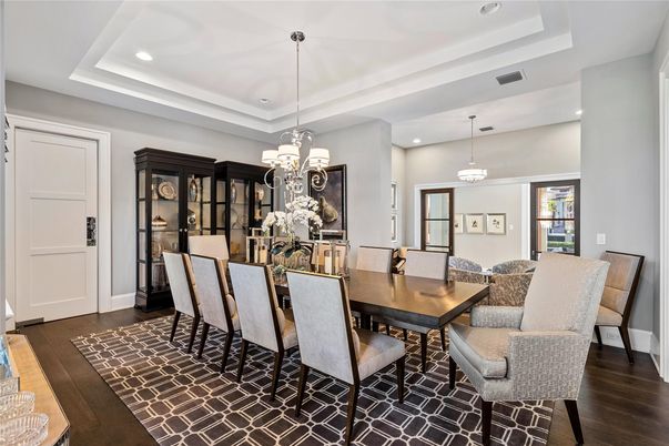 Chandelier, Dining room, Interior, Pendant Lights, Recessed Lighting, Wood Texture Flooring