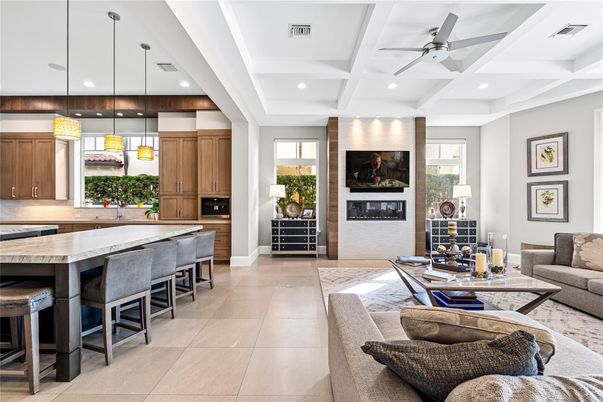 Fireplace, Interior, Kitchen, Living room, Pendant Lights, Recessed Lighting