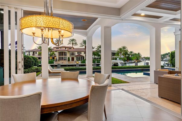 Chandelier, Dining room, Interior, Pool