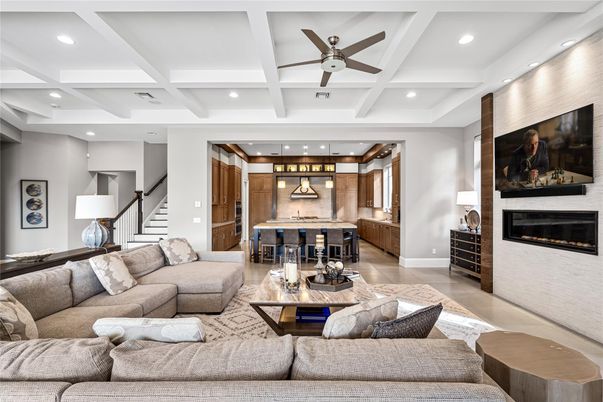 Fireplace, Interior, Kitchen, Living room, Recessed Lighting
