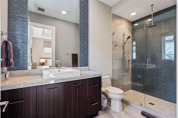 Bathroom, Glass Shower, Interior, Recessed Lighting, Wood Texture Flooring