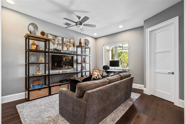 Home Office, Interior, Living room, Recessed Lighting, Wood Texture Flooring