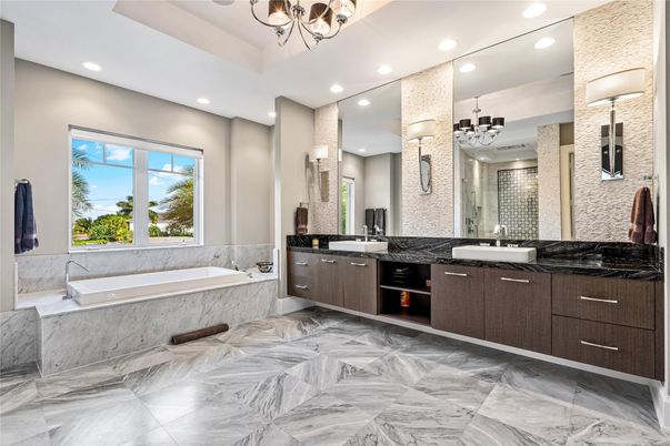 Bathroom, Chandelier, Dual Sink Vanities, Interior, Marble, Recessed Lighting