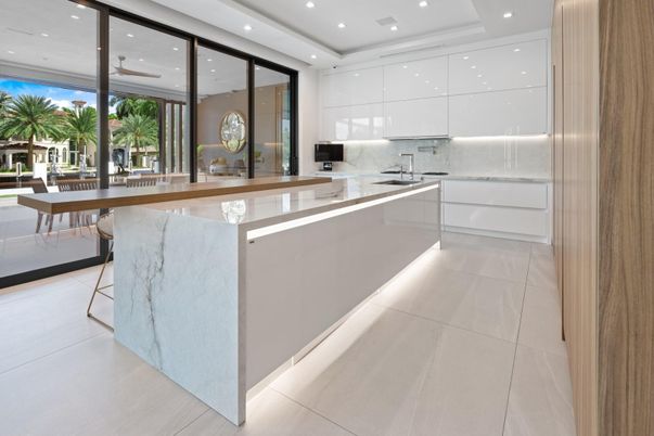 Interior, Kitchen, Marble Walls, Recessed Lighting, Stainless Steel Appliances