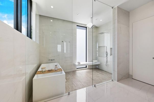 Bathroom, Glass Shower, Interior, Marble, Marble Walls, Recessed Lighting
