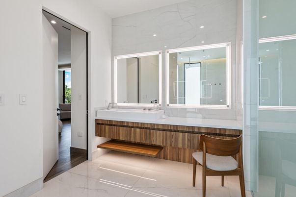 Bathroom, Glass Shower, Interior, Marble, Marble Walls, Recessed Lighting