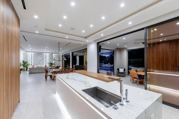 Dining room, Interior, Kitchen, Marble Walls, Pendant Lights, Recessed Lighting