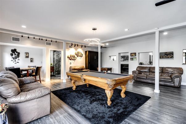 Billiard Table, Game Room, Interior, Pendant Lights, Recessed Lighting, Wood Texture Flooring