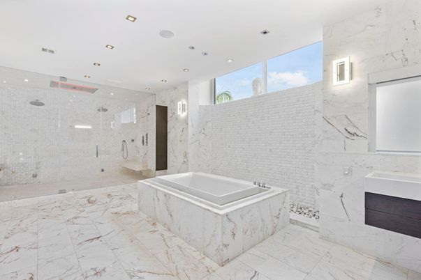Bathroom, Glass Shower, Interior, Marble, Marble Walls, Recessed Lighting