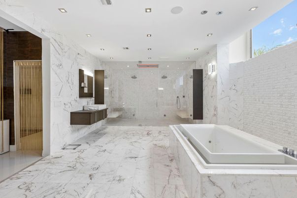 Bathroom, Glass Shower, Interior, Marble, Marble Walls, Recessed Lighting