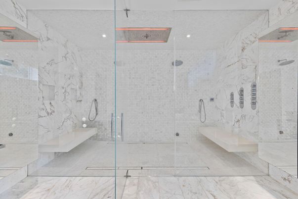 Bathroom, Glass Shower, Interior, Marble, Marble Walls, Recessed Lighting