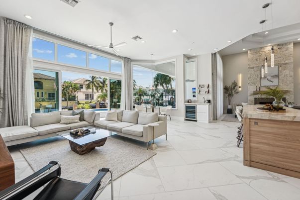 Interior, Living room, Marble, Pendant Lights, Recessed Lighting, Stone Walls