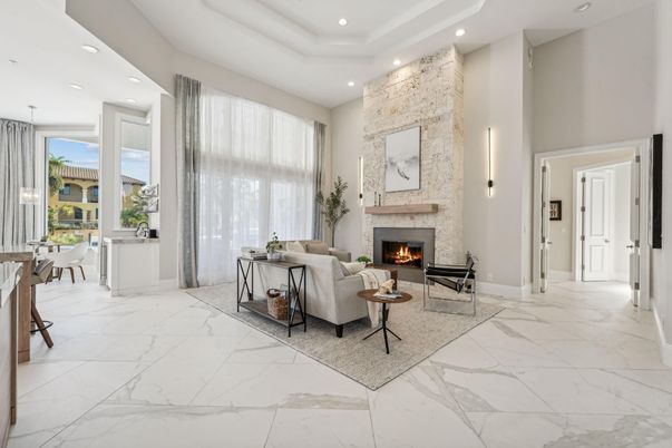 Fireplace, Interior, Living room, Marble, Recessed Lighting, Stone Walls