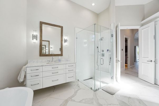 Bathroom, Glass Shower, Interior, Marble, Recessed Lighting