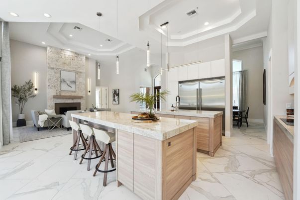 Fireplace, Interior, Kitchen, Living room, Marble, Pendant Lights, Recessed Lighting, Stainless Steel Appliances