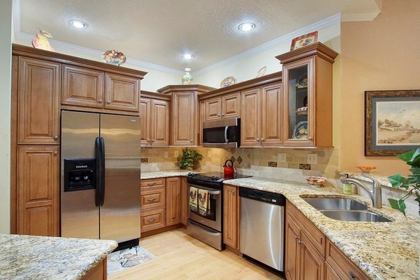 Interior, Kitchen, Recessed Lighting, Stainless Steel Appliances, Wood Texture Flooring