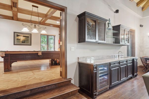 Chandelier, Interior, Pendant Lights, Recessed Lighting, Wooden Beams, Wood Texture Flooring