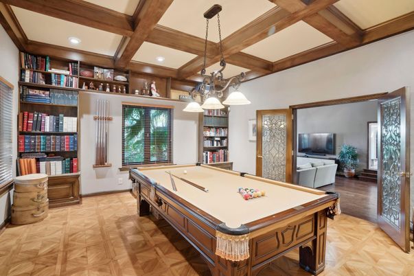 Billiard Table, Game Room, Interior, Pendant Lights, Recessed Lighting, Wooden Beams, Wood Texture Flooring
