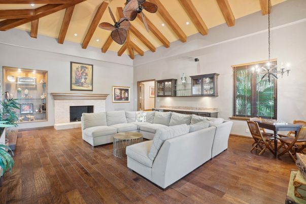 Dining room, Fireplace, Interior, Living room, Pendant Lights, Recessed Lighting, Wooden Beams, Wood Texture Flooring