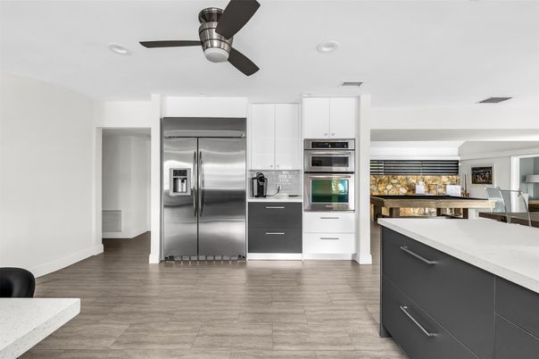 Interior, Kitchen, Recessed Lighting, Stainless Steel Appliances, Wood Texture Flooring