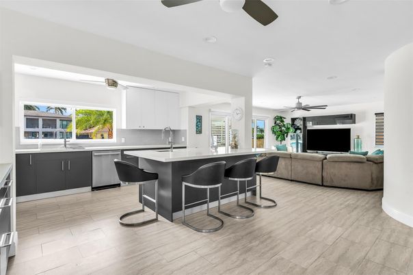 Interior, Kitchen, Living room, Recessed Lighting, Wood Texture Flooring